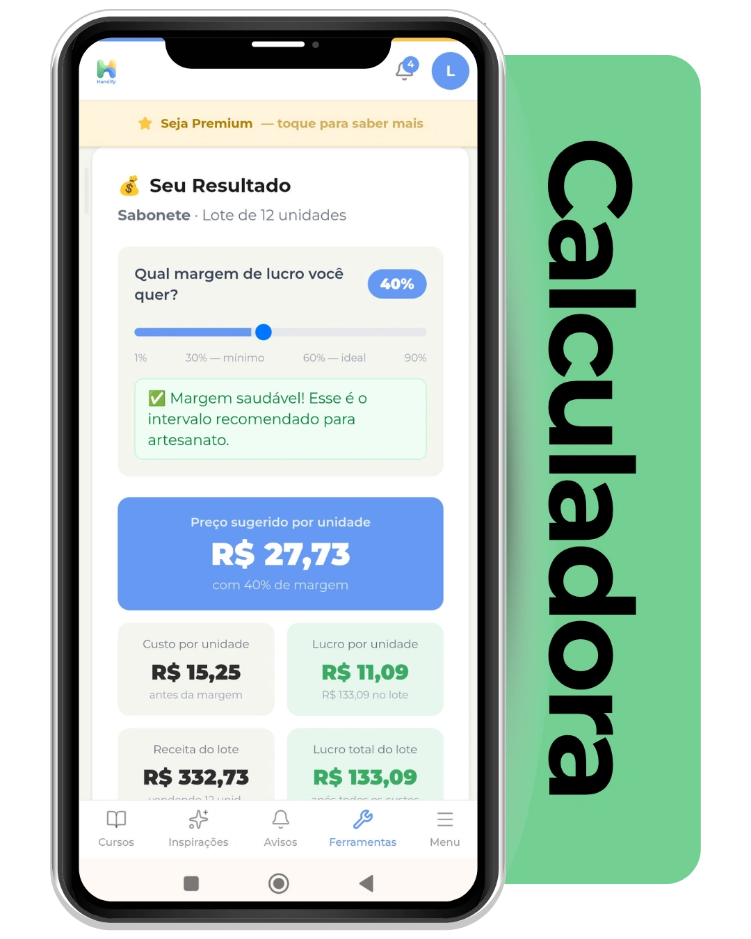 Mockup da Calculadora de Preço e Lucro da Handify